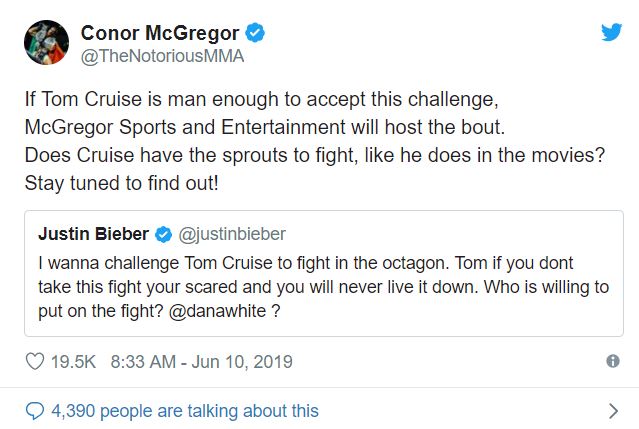Justin Bieber thách thức Tom Cruise choảng nhau tại UFC